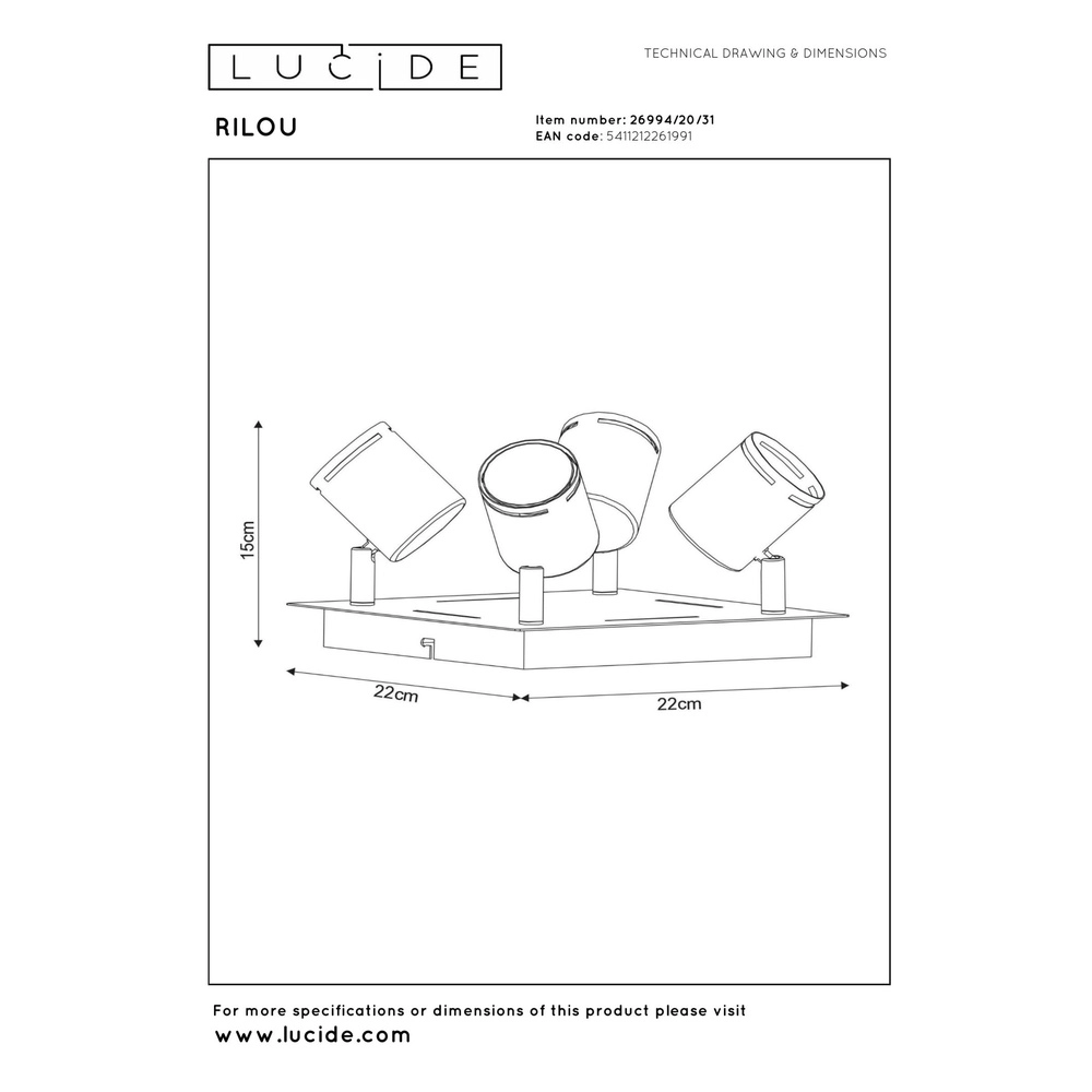 Ceiling spotlight Rilou 4-light dimmable white Lucide 5411212261991