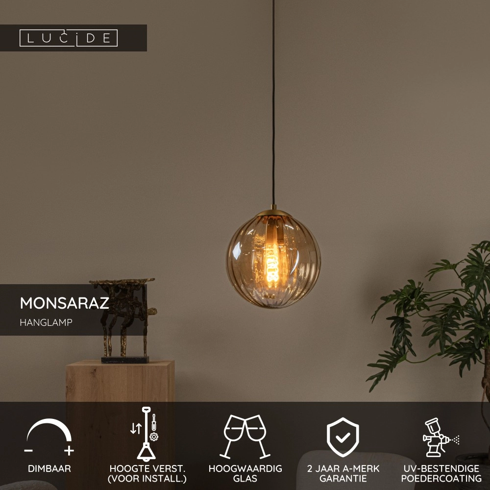 Pendant lamp Monsaraz Ø 25cm amber glass Lucide 5411212452405