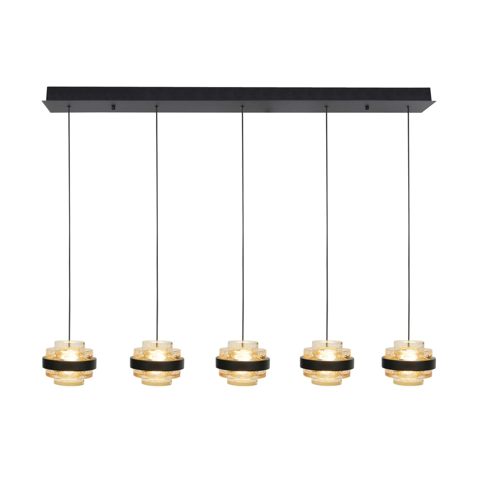 Pendant lamp Dynasty Black straight 5-lights with amber glass