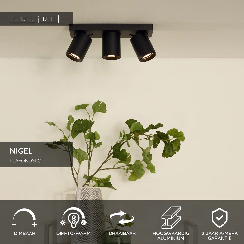 Ceiling spotlight Nigel 3-light black Lucide 5411212092571