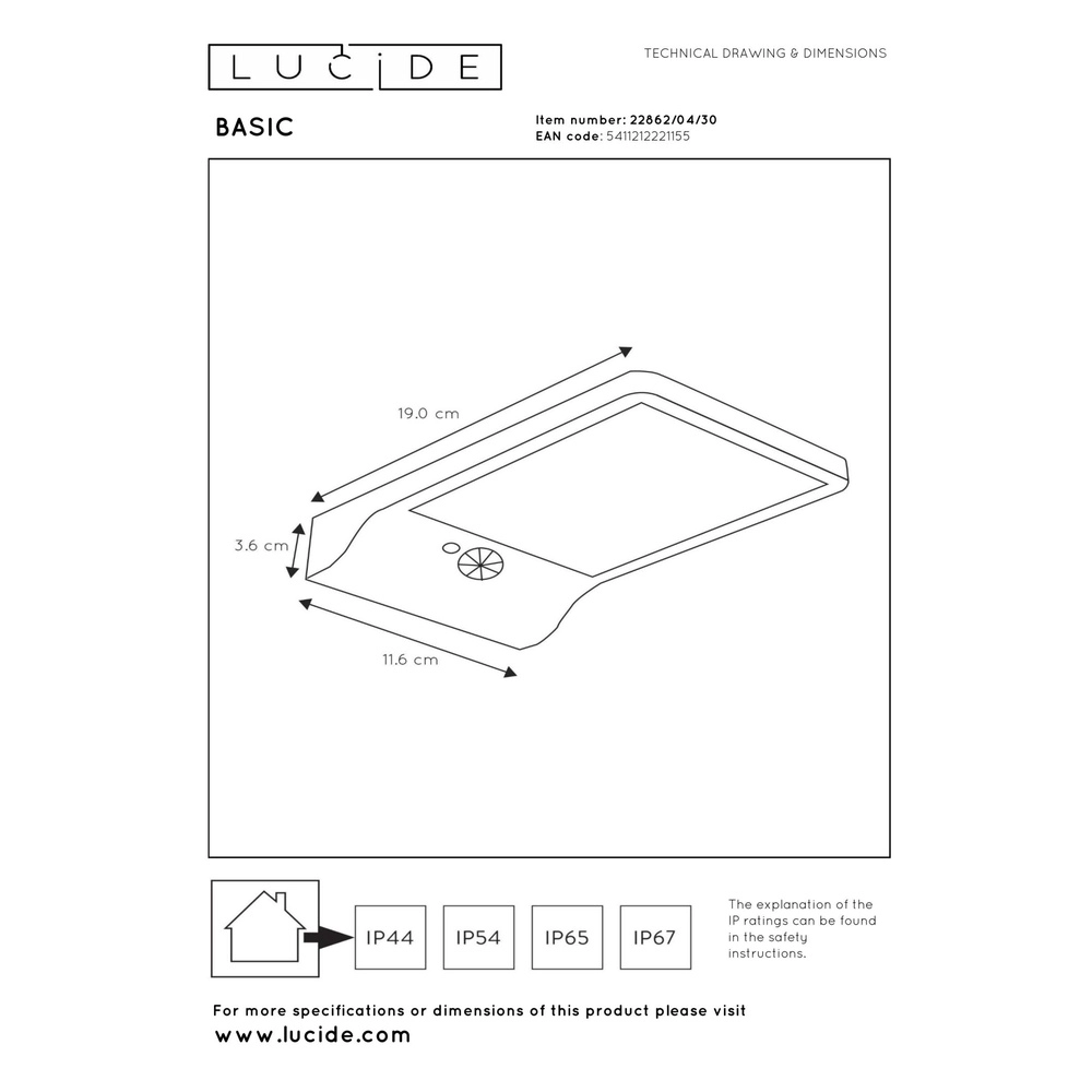 Solar wall light Basic Black Lucide 5411212221155