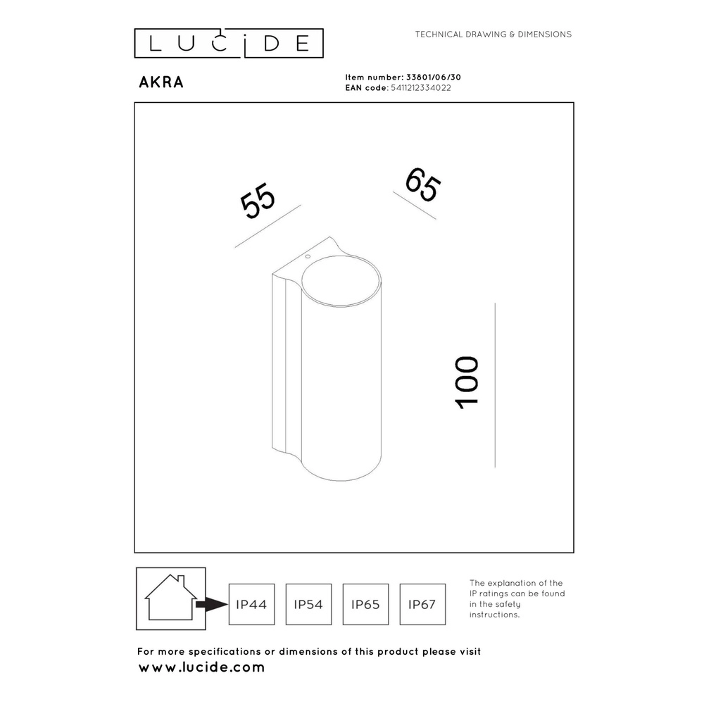 Design wall lamp Akra down black IP54 Lucide 5411212334022