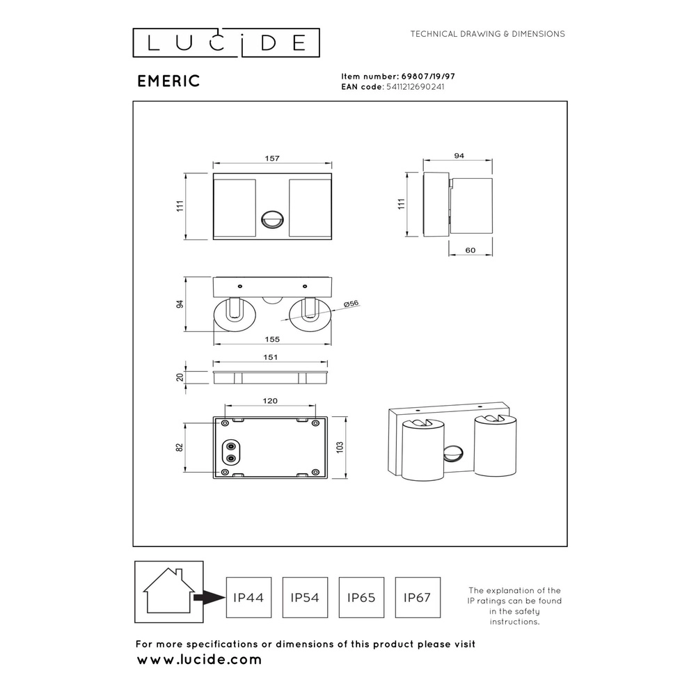 Wall spot IP65 Emeric Rust brown double with sensor Lucide 5411212690241