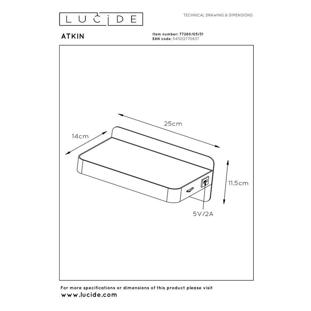 Bedside lamp Atkin with USB charging point white Lucide 5411212770837