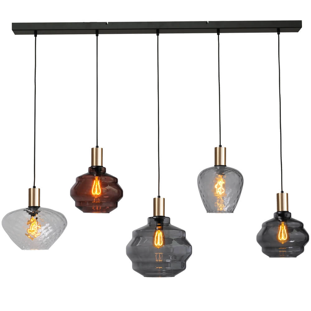 5-light hanging lamp - gold - Porto with different glasses