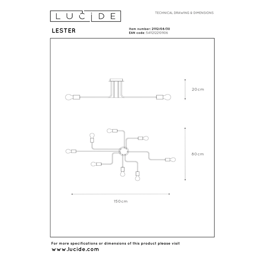 Ceiling lamp Lester 8-light black Lucide 5411212210906