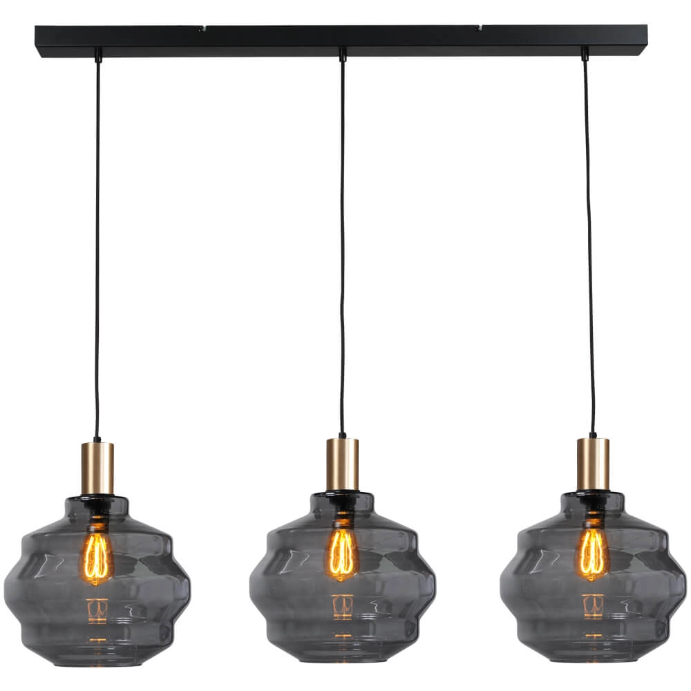 3-light hanging lamp - gold - Porto with Ball smoke glasses - Ø 30cm
