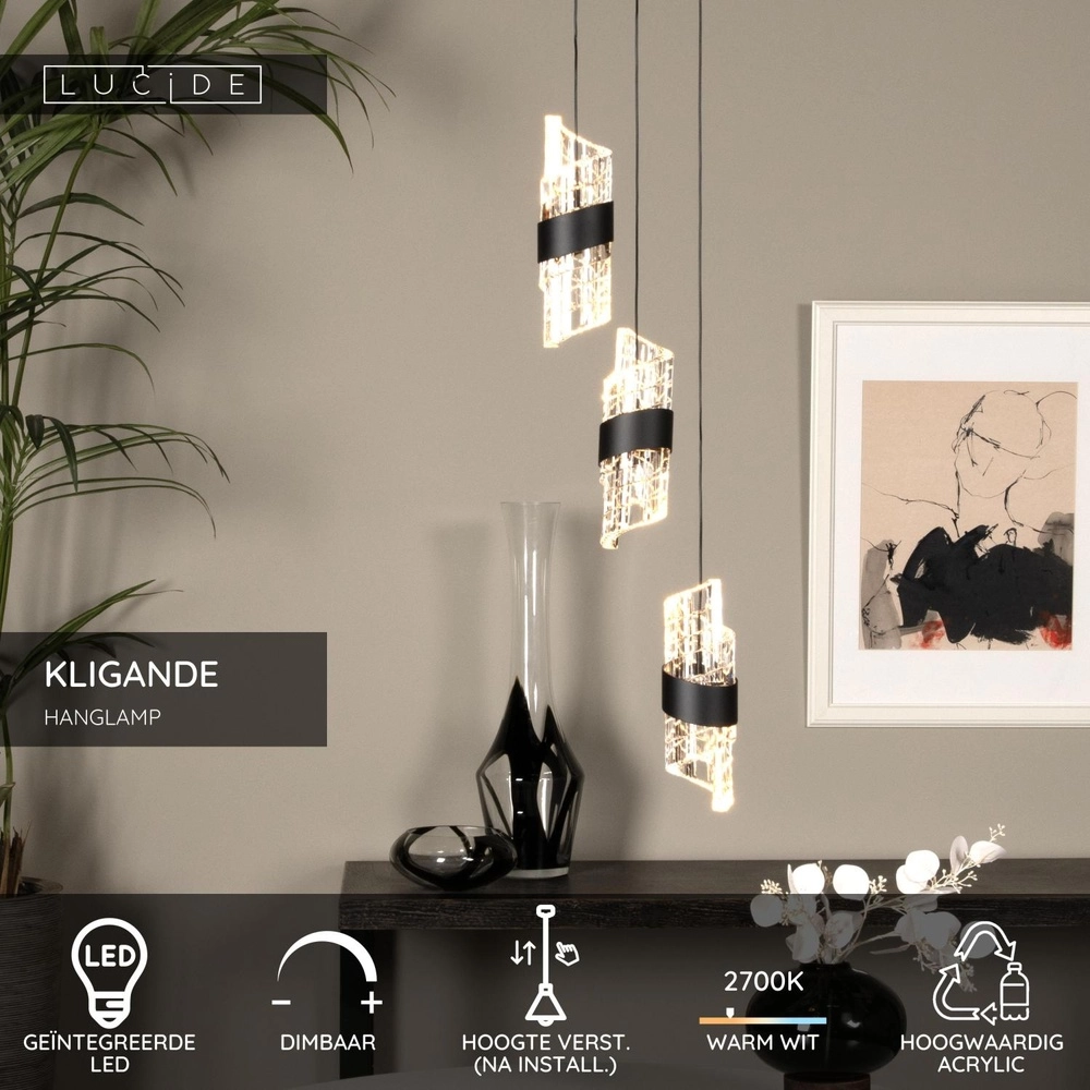 Design pendant lamp Kligande 3-light black Lucide 5411212134615