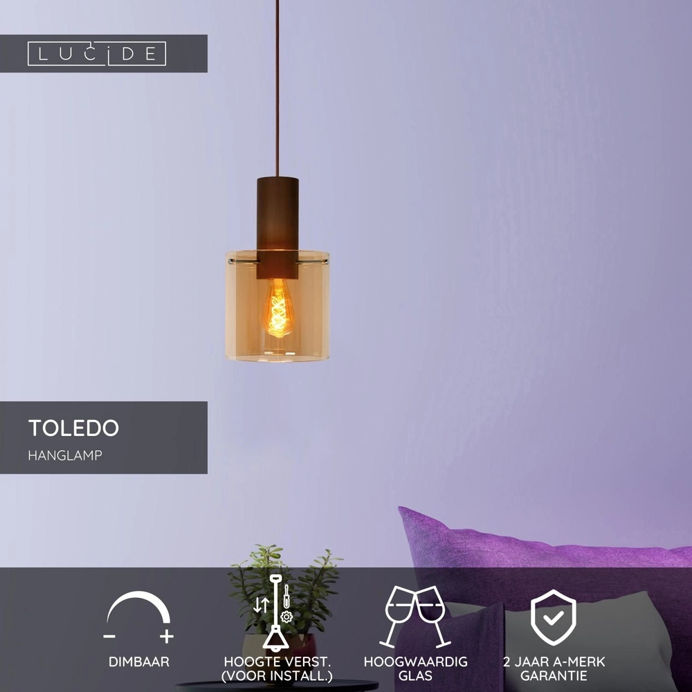 Pendant lamp Toledo Ø 20cm amber glass Lucide 5411212740847