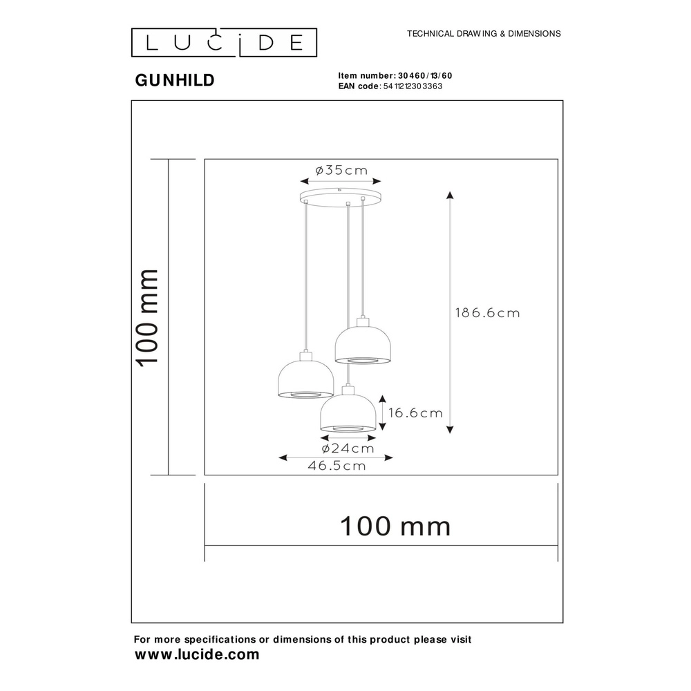 Design pendant lamp Gunhild 3-light gold round Lucide 5411212303363