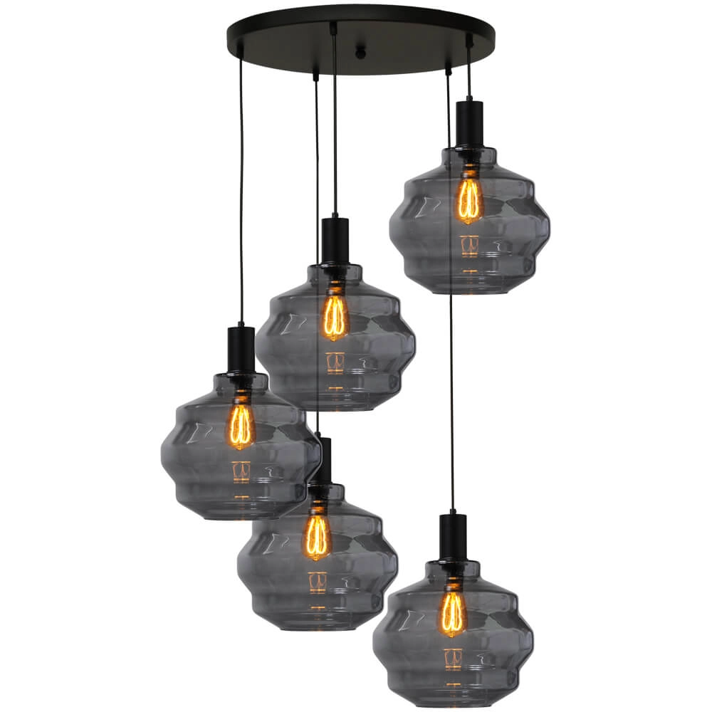 5-light loft hanging lamp - black - Porto with Ball smoke glasses - Ø 30cm