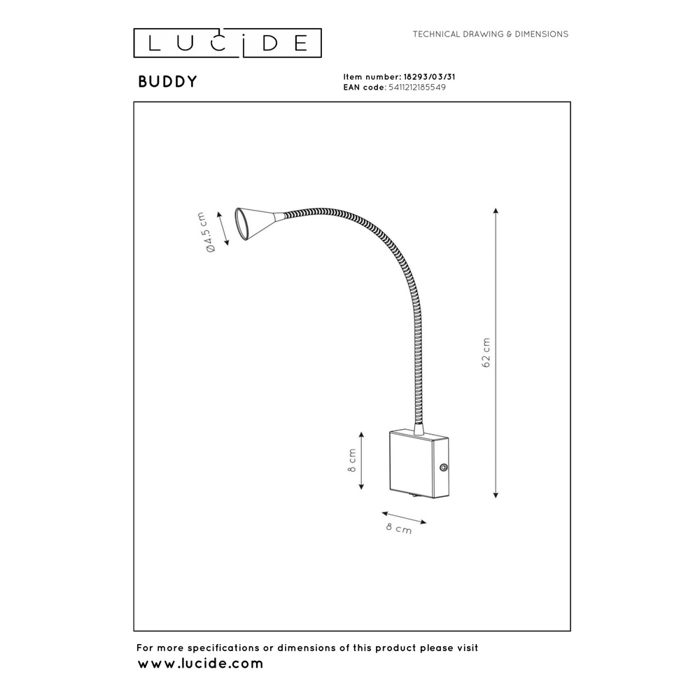 Bed reading light Buddy 4000K white Lucide 5411212185549