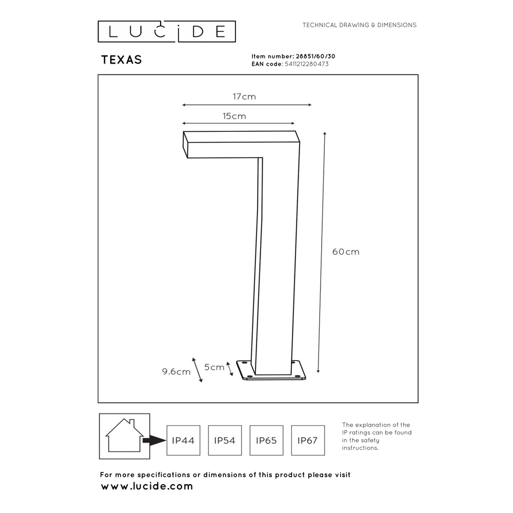 Pedestal lamp Texas 60cm anthracite Lucide 5411212280473