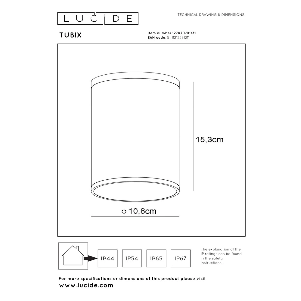 Ceiling spotlight Tubix IP54 white Lucide 5411212271211