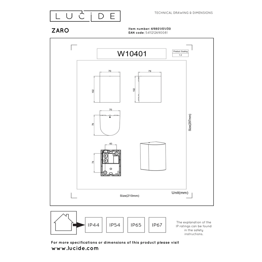 Wall spotlight Zaro IP44 single black Lucide 5411212690081