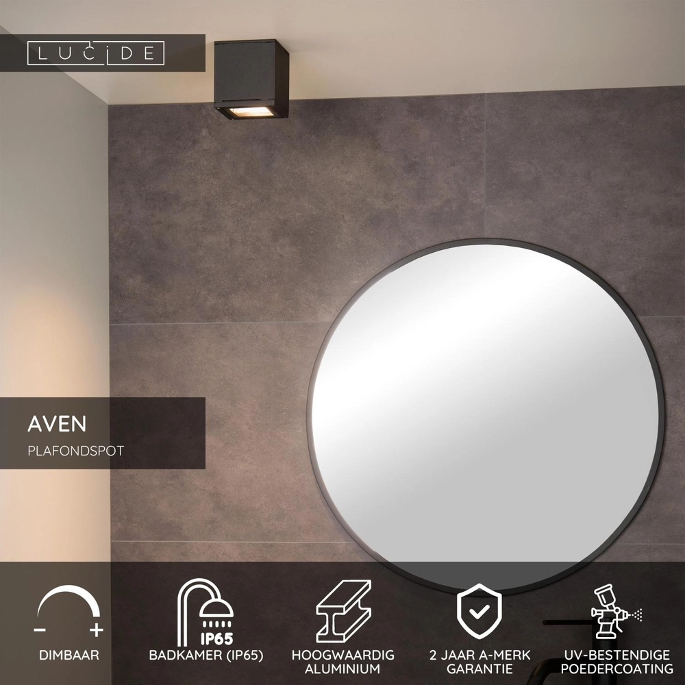 Square ceiling spotlight Aven bathroom IP65 black Lucide 5411212221452