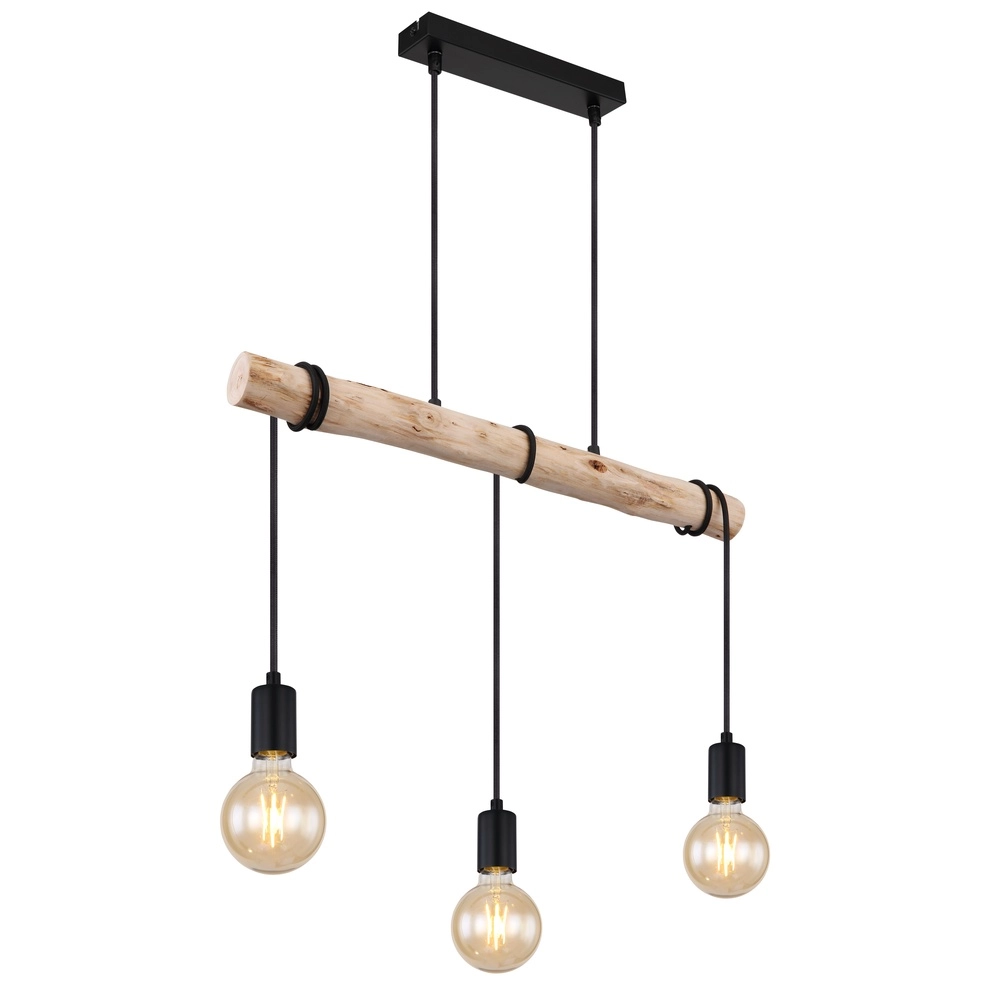 3-light dining table pendant lamp Gregor black with wood