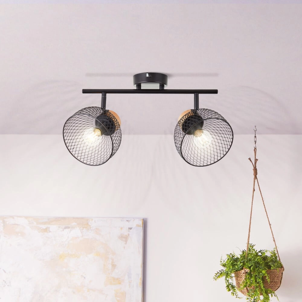 2-light ceiling lamp Thuy black with wood Brilliant 4004353409578