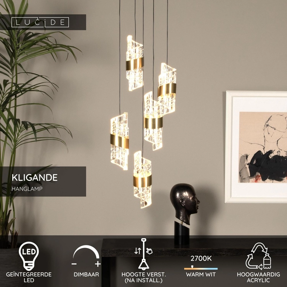 Design pendant lamp Kligande 5-light gold round Lucide 5411212134622