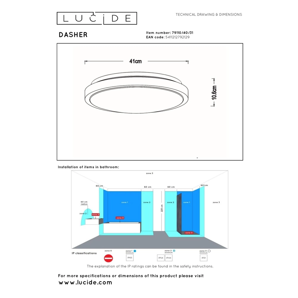 White ceiling light Dasher Ø 41cm IP44 for bathroom Lucide 5411212792129