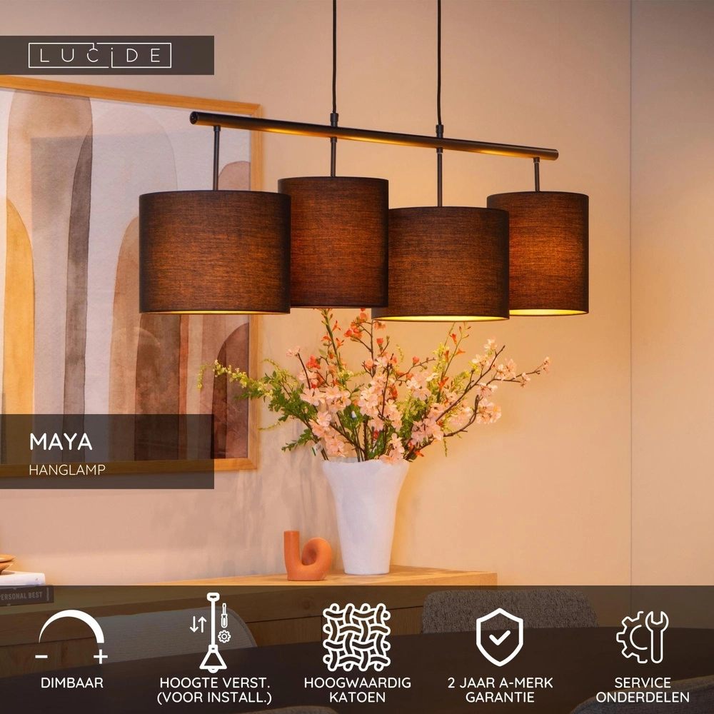 4-light pendant lamp Maya Black Lucide 5411212452566