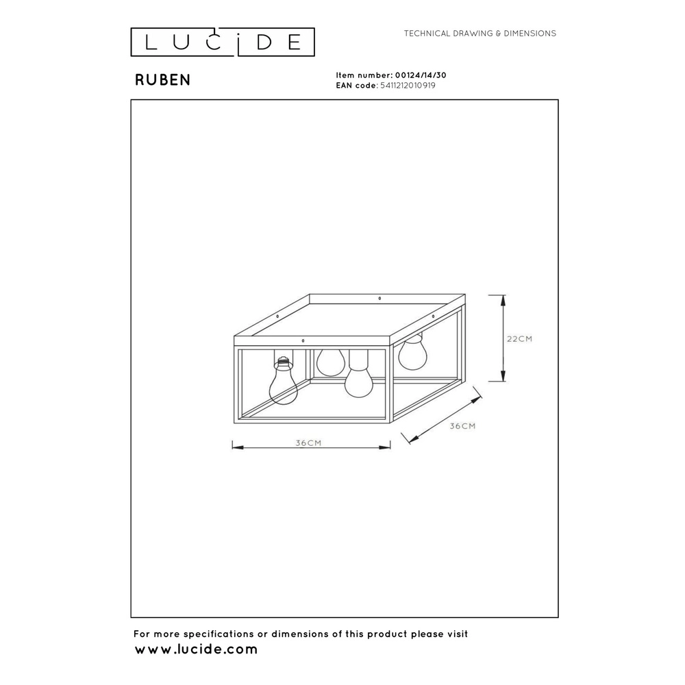 Ceiling lamp Ruben black 36cm square Lucide 5411212010919