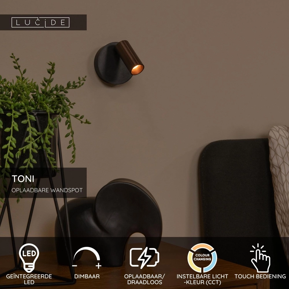 Rechargeable wall lamp Toni Magnetic Coffee Brown Lucide 5411212290557