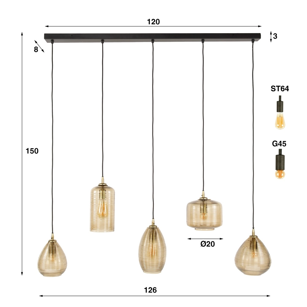 Dining room pendant lamp Stripe 5-light - ribbed glass Lyora 8716803511118