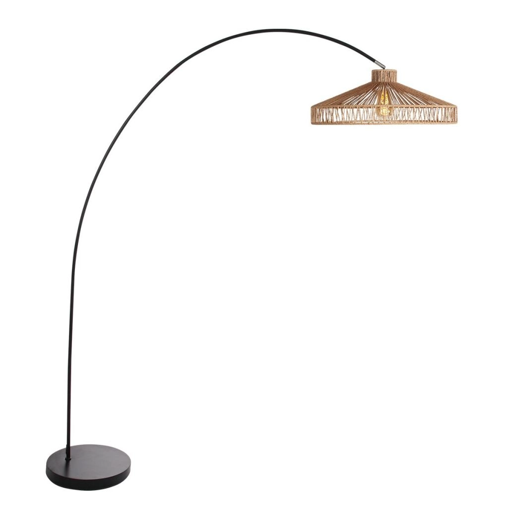 Black arc lamp Solva with bamboo shade Ø50cm