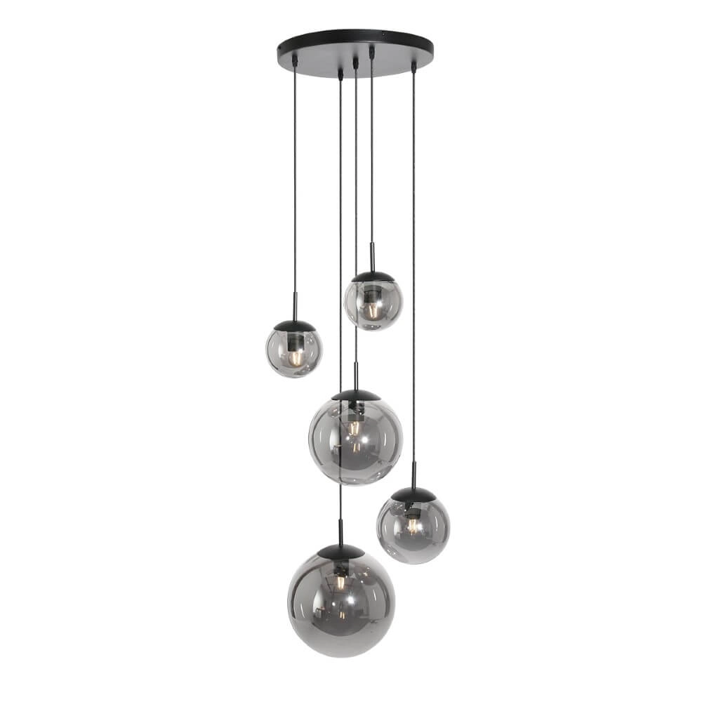 5-light loft hanging lamp Bolique black with smoke glass