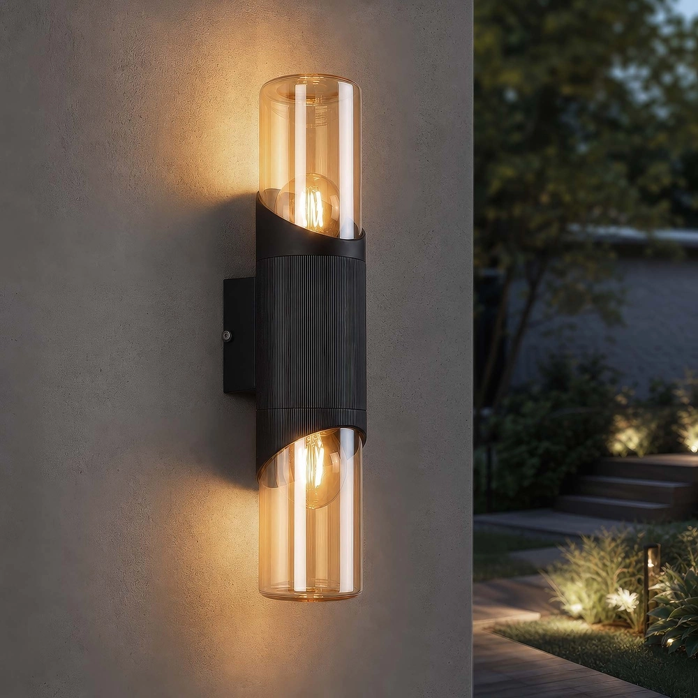 Design wall lamp Broadway Black with Amber Glass Double Searchlight 5,05342E+12