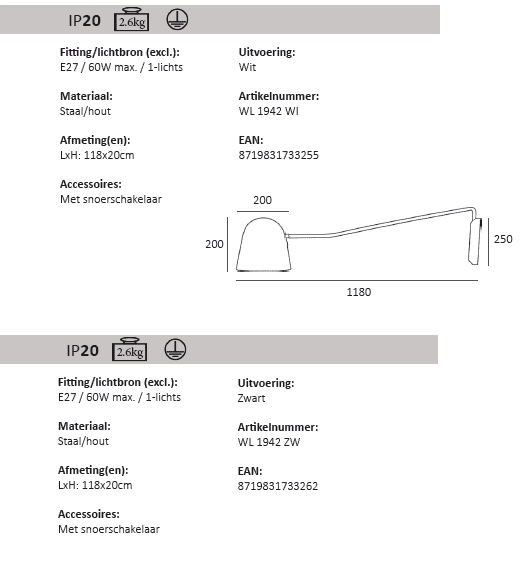 Sleek reading lamp Sensa white with wood Artdelight 8719831733255