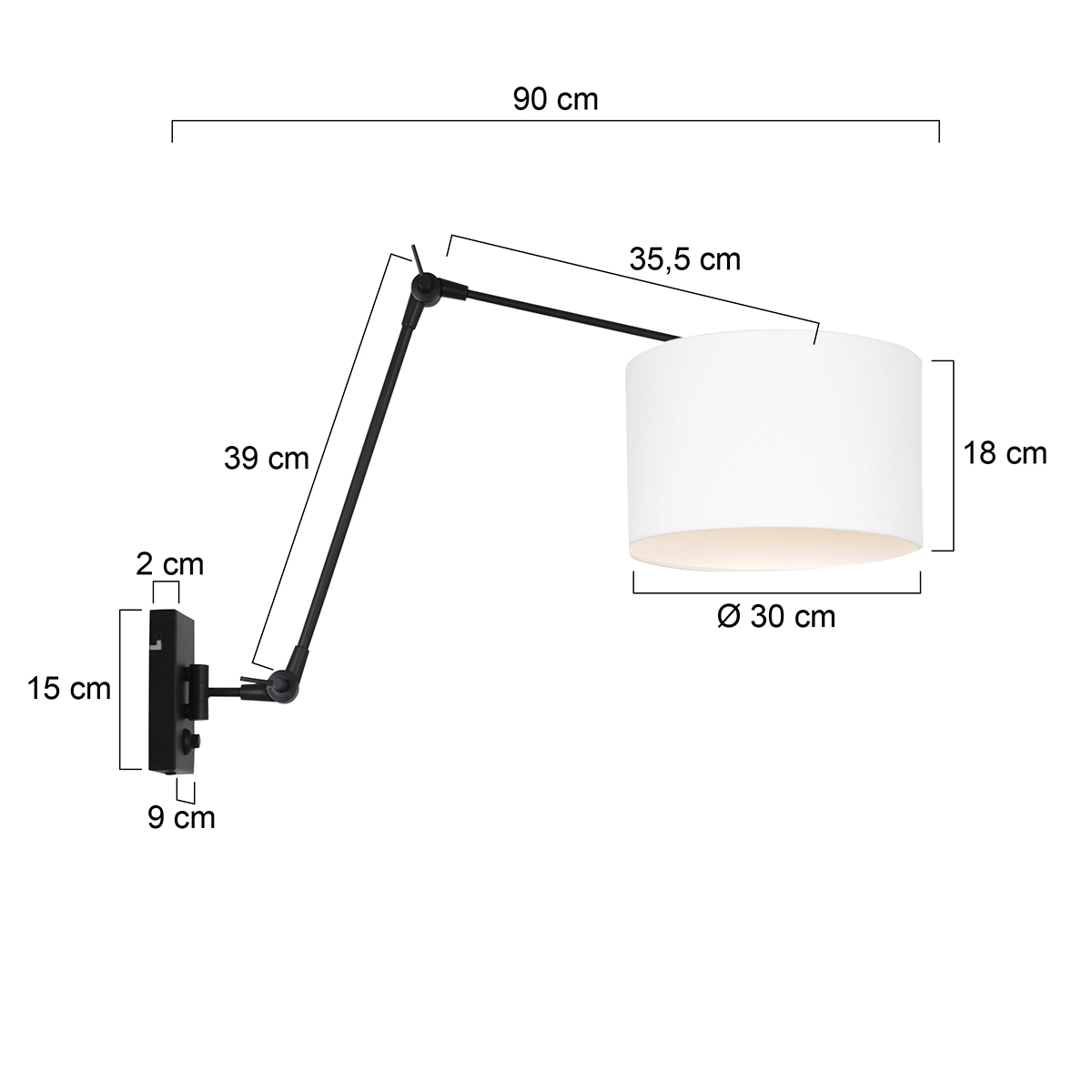 Wall Reading Lamp Prestige Chic black with 30cm white linen lampshade Steinhauer 8712746145908