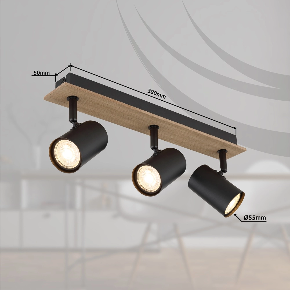 Ceiling lamp Linca 3-light black with wood Globo 9007371455942