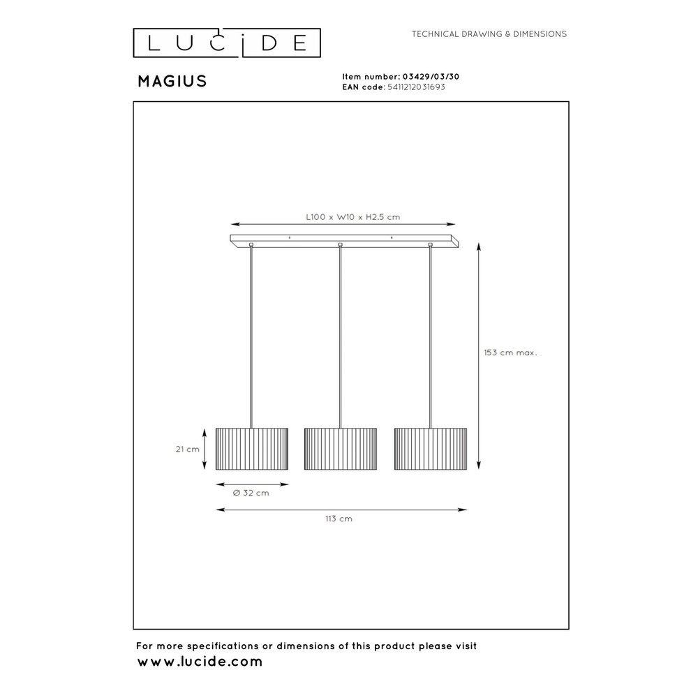 Pendant lamp Magius 3-light rattan Lucide 5411212031693