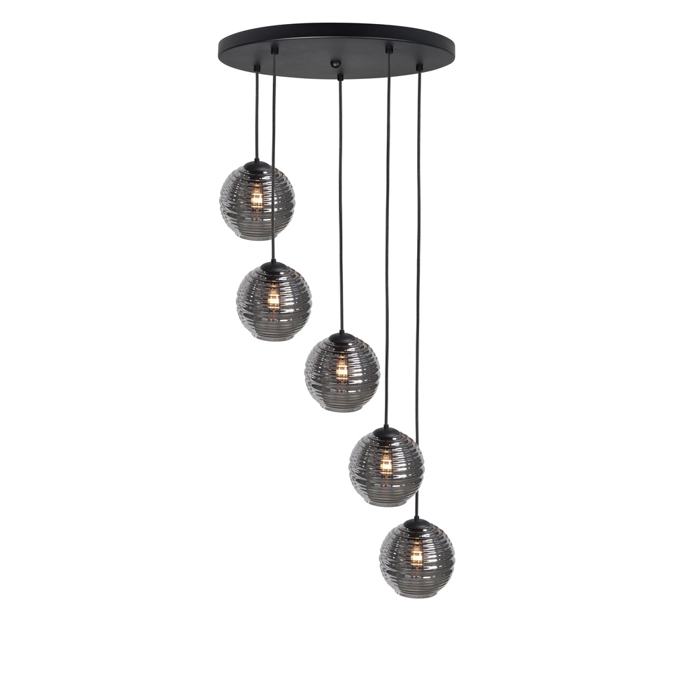 5-light pendant lamp Fantasy black with ribbed glass