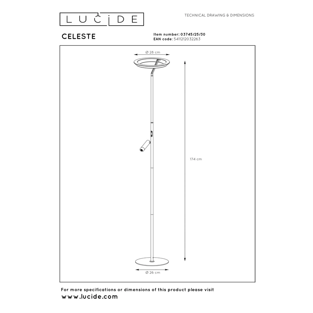 Design floor lamp Celeste black Ø 28cm with reading light Lucide 5411212032263