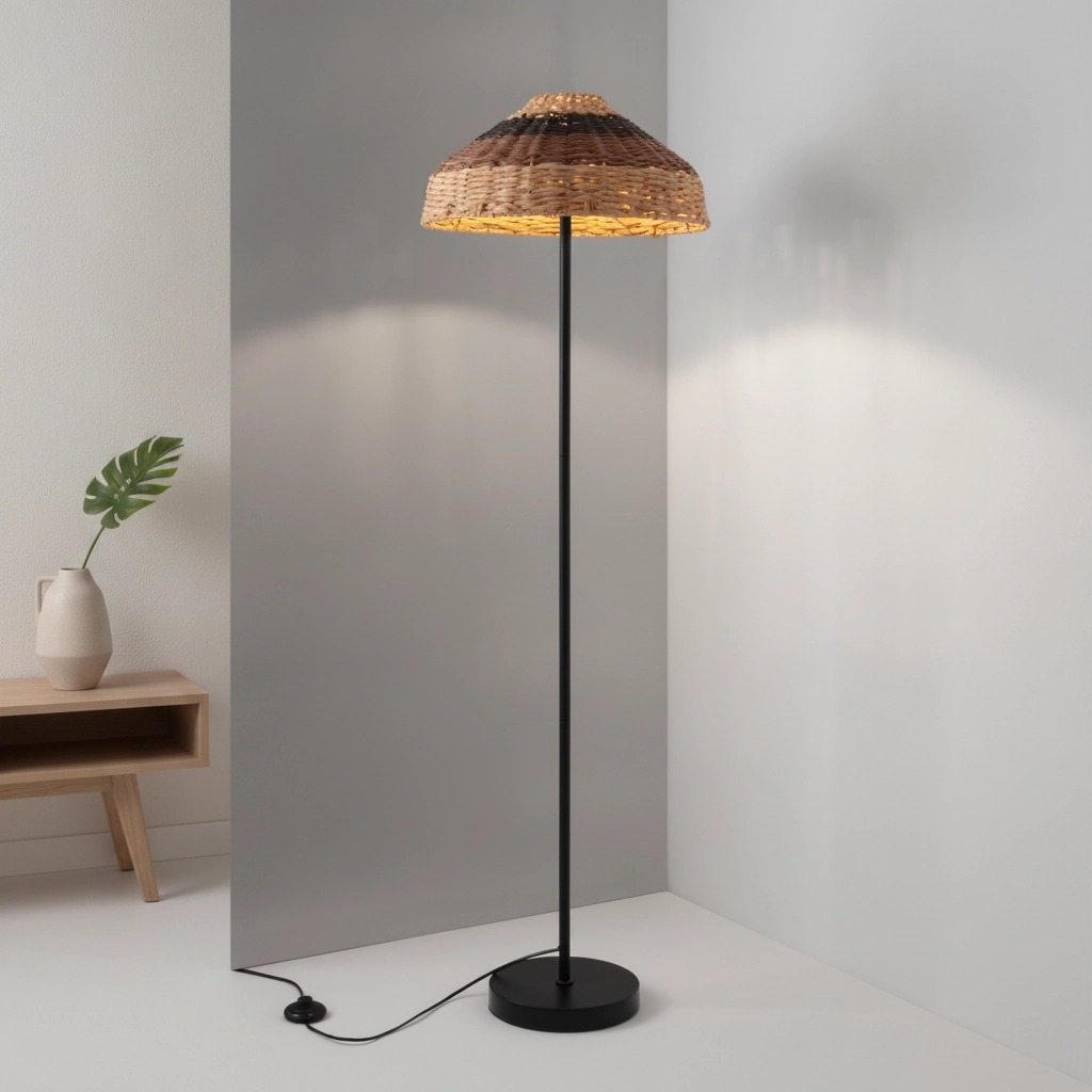 Floor lamp Caro black and rattan