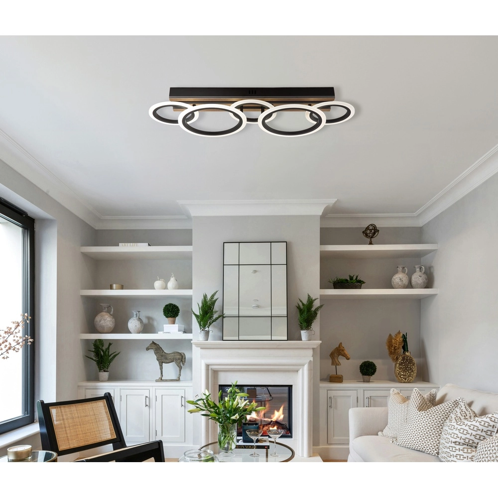 Ceiling lamp Blevins Black with wood 5 rings Globo 9007371578160