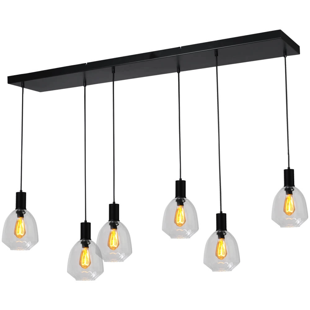 6-light hanging lamp - black - Porto with Nicolette clear lenses