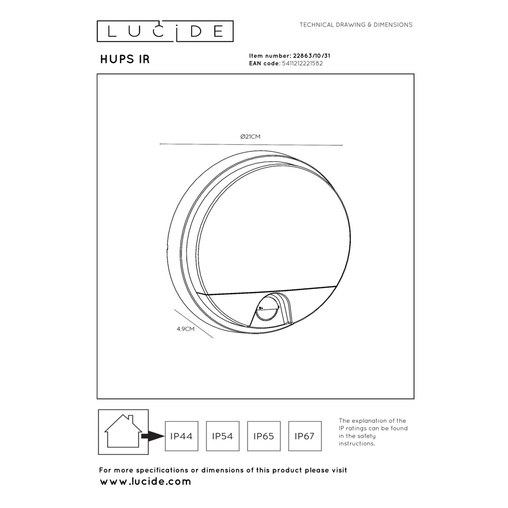 Sleek wall lamp Hups Ir Ø 21cm white with sensor Lucide 5411212221582