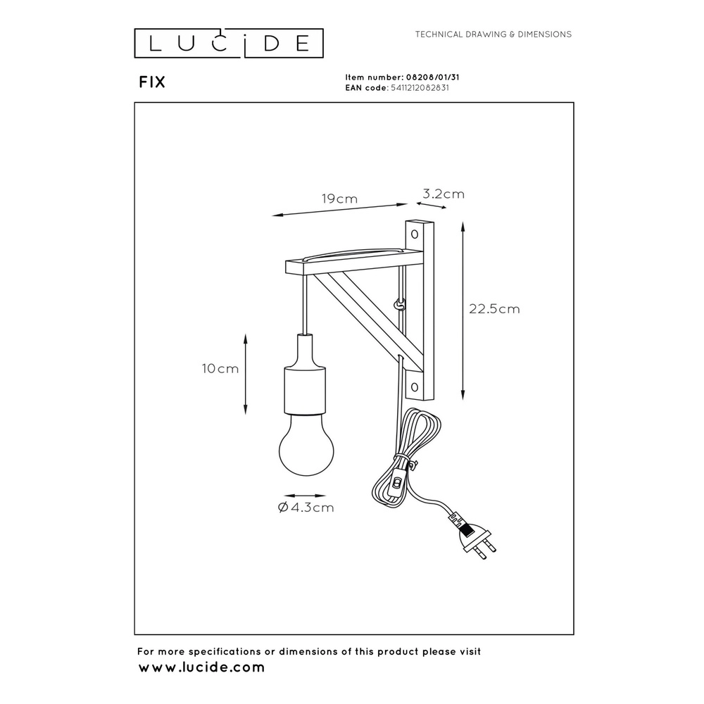 Wooden wall lamp Fix with white cord Lucide 5411212082831