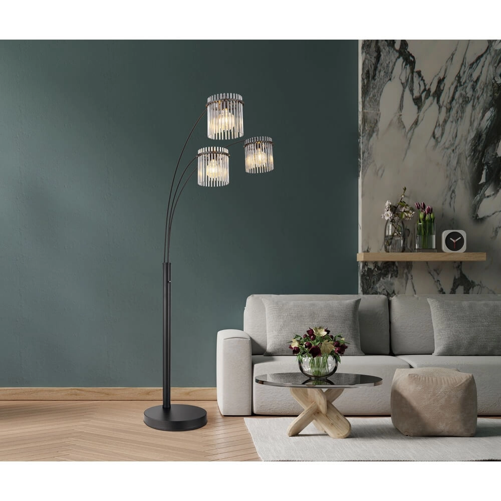 Black floor lamp Gorley with smoke glass 3-lights Globo 9007371478019