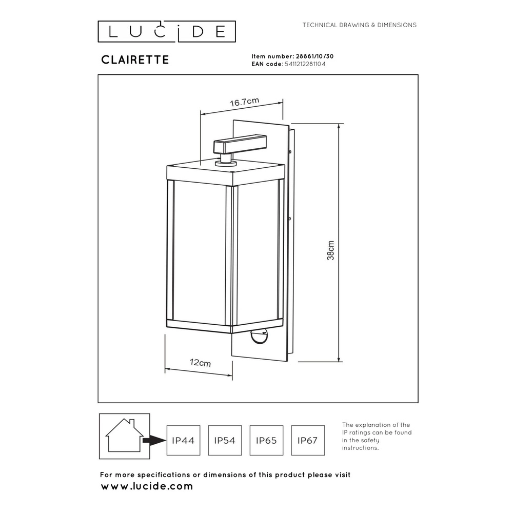 Desing wall lamp Clairette anthracite with motion sensor Lucide 5411212281104