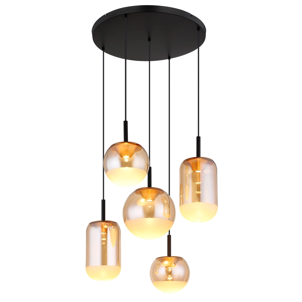 Design pendant lamp Severin 5-light black with amber glass