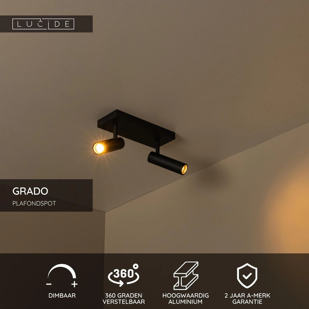 Sleek ceiling lamp Grado 2-light black Lucide 5411212221674