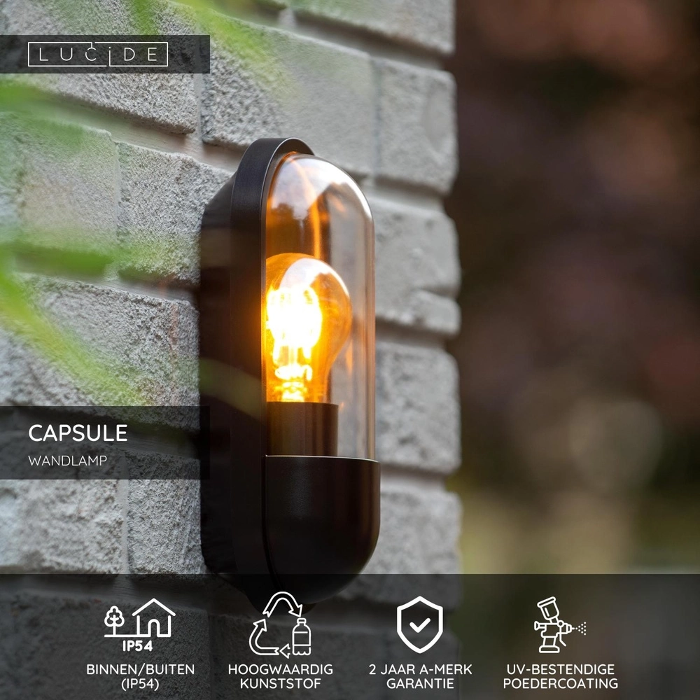Wall lamp Capsule IP54 black Lucide 5411212290458