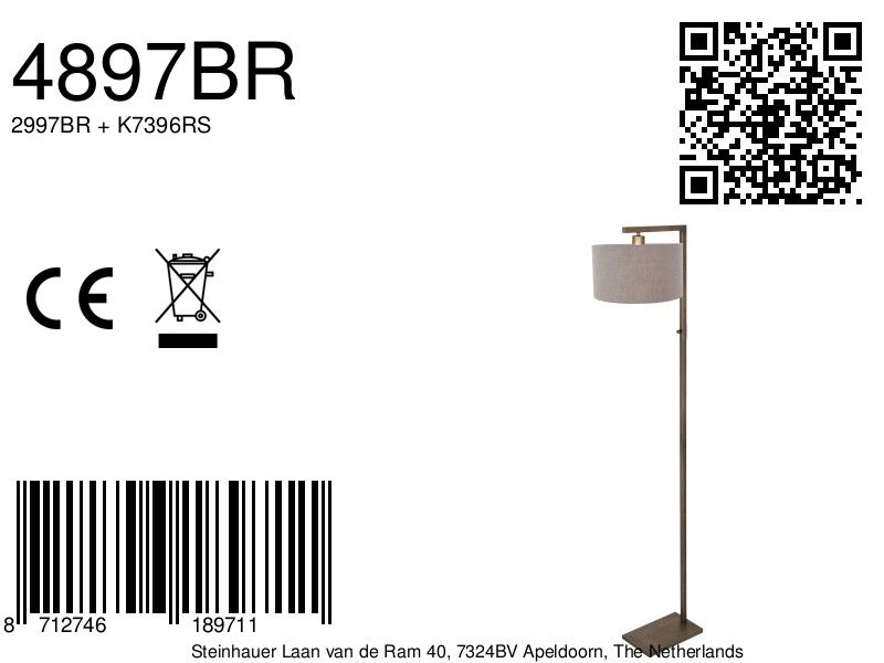 Floor lamp bronze Stang with grey hood Steinhauer 8712746189711