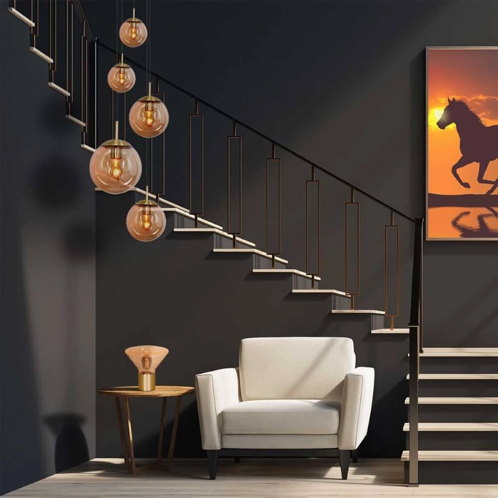 5-light loft hanging lamp Bolique gold with amber glass Steinhauer 8712746166439