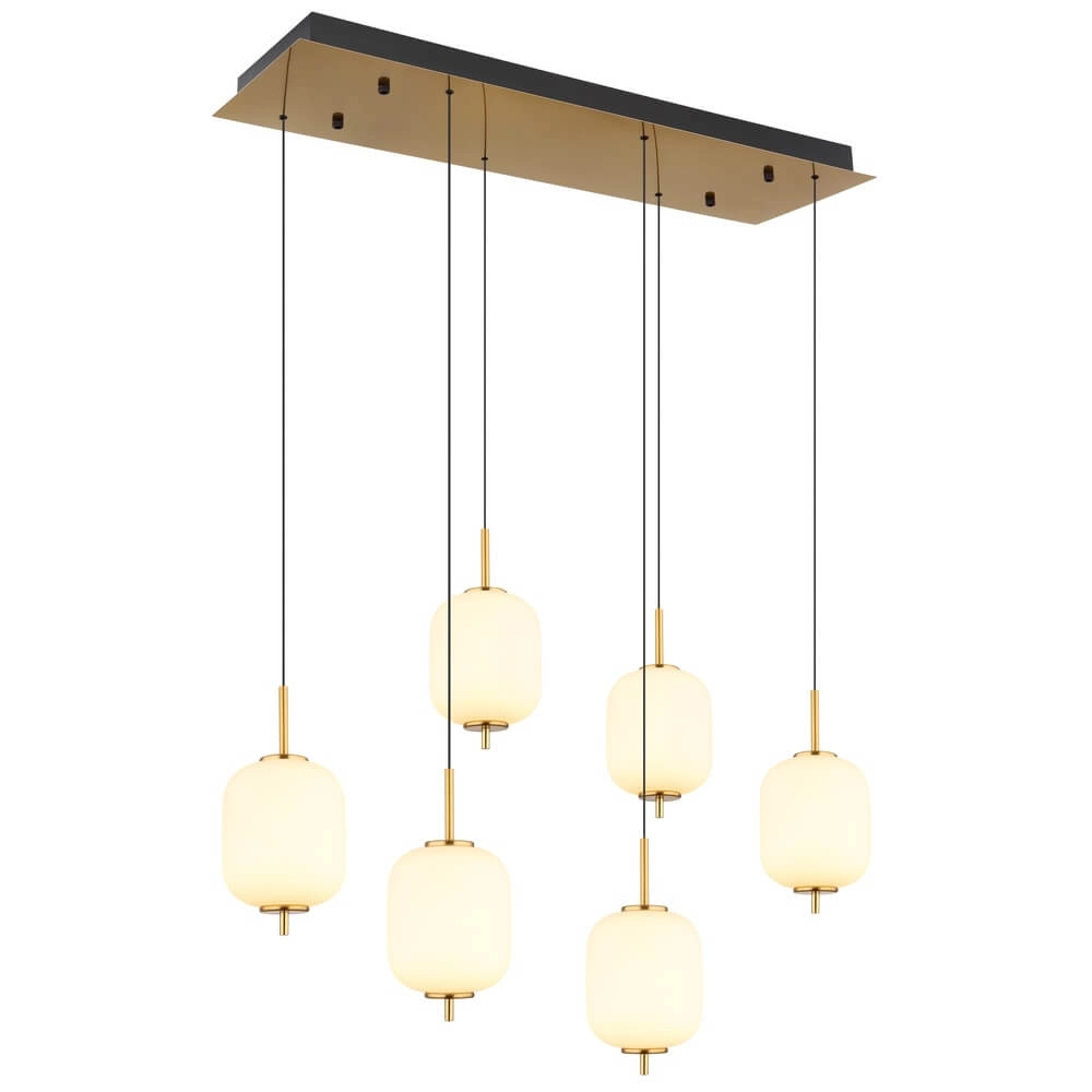 Golden pendant lamp Ewald 6-light white glass